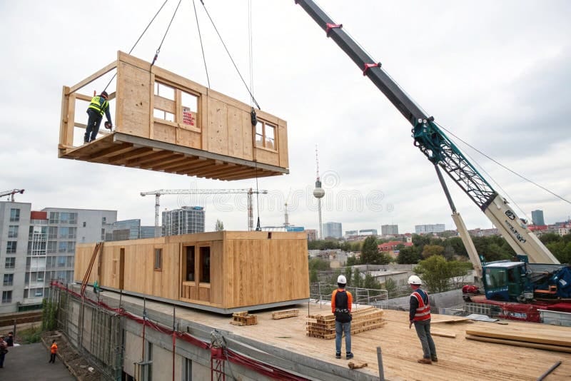 Cần cẩu nâng module gỗ lên vị trí tại công trường lắp dựng
